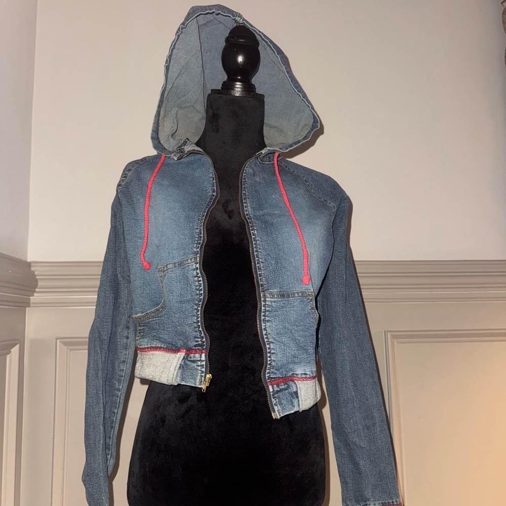 Denim Hooded Jacket with Red Accents